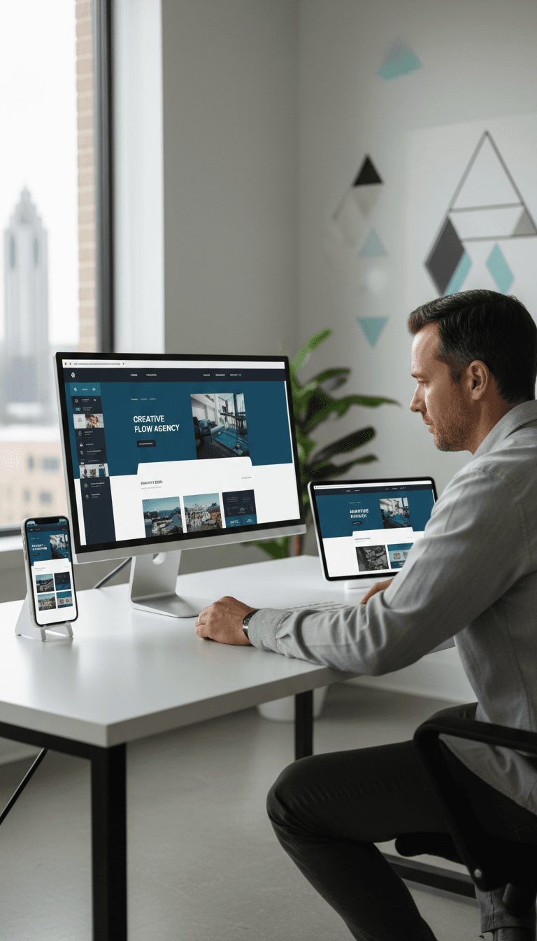 Designer reviewing responsive website designs across multiple devices