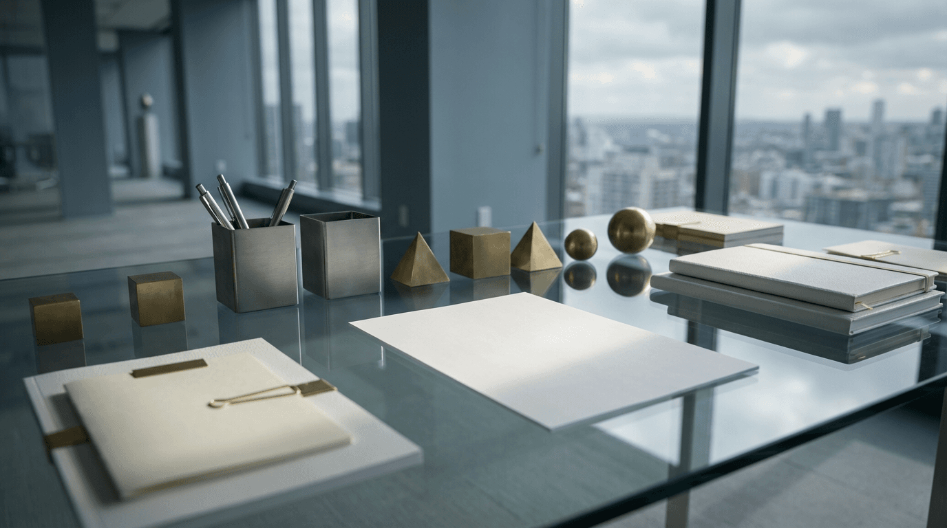 Organized desk with minimalist accessories and white paper, cool office tones, professional business environment.